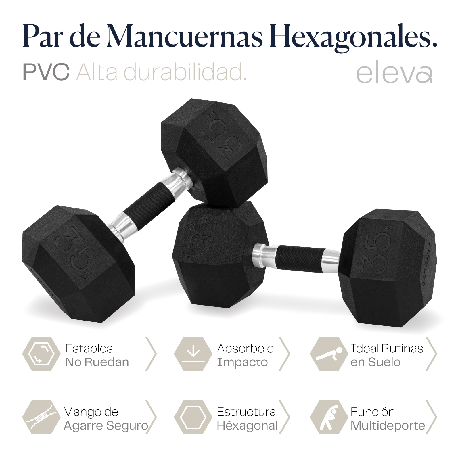 Set 2pzs 35lbs ELEVA - Mancuernas Hexagonales de PVC Premium