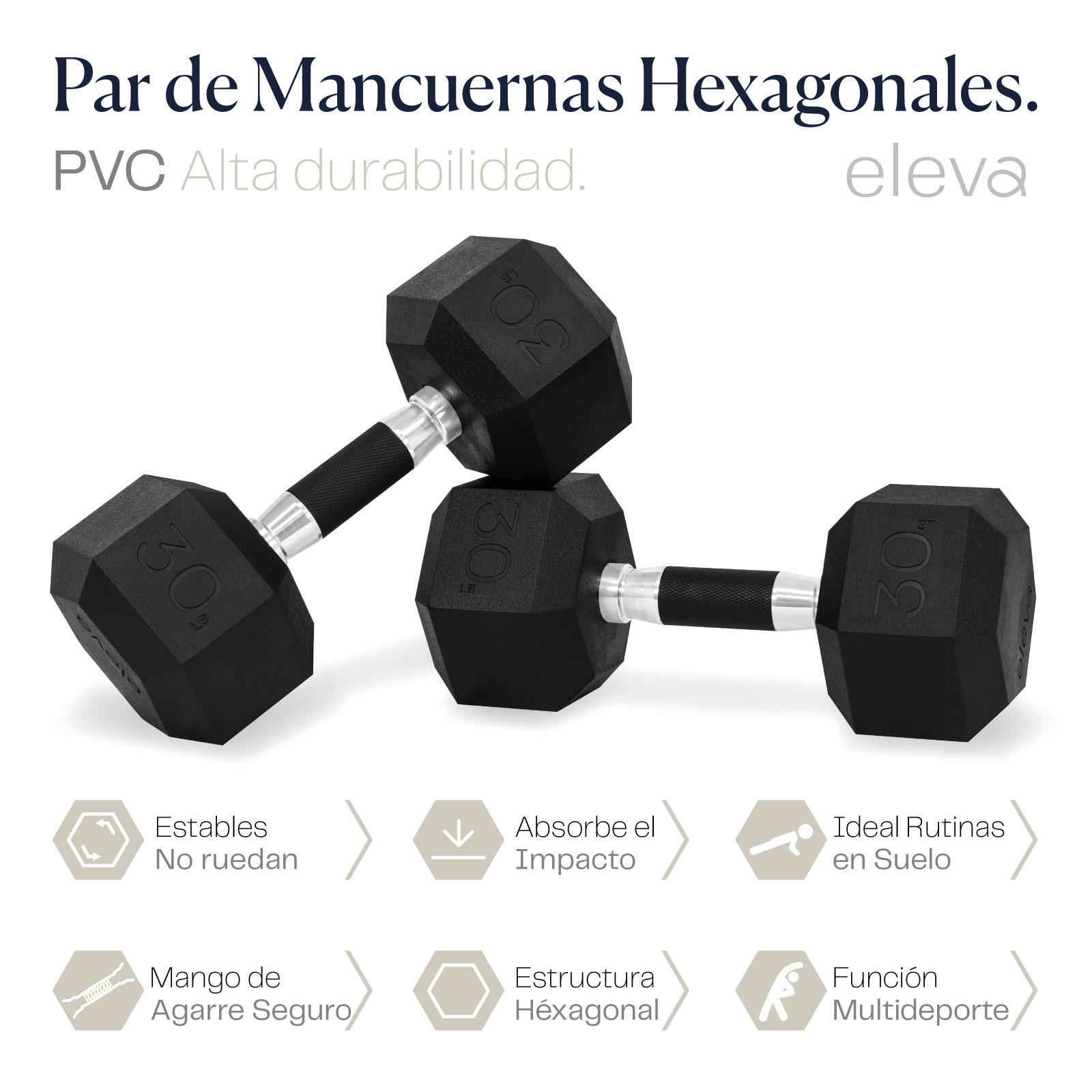 Set 2pzs 30lbs ELEVA - Mancuernas Hexagonales de PVC Premium