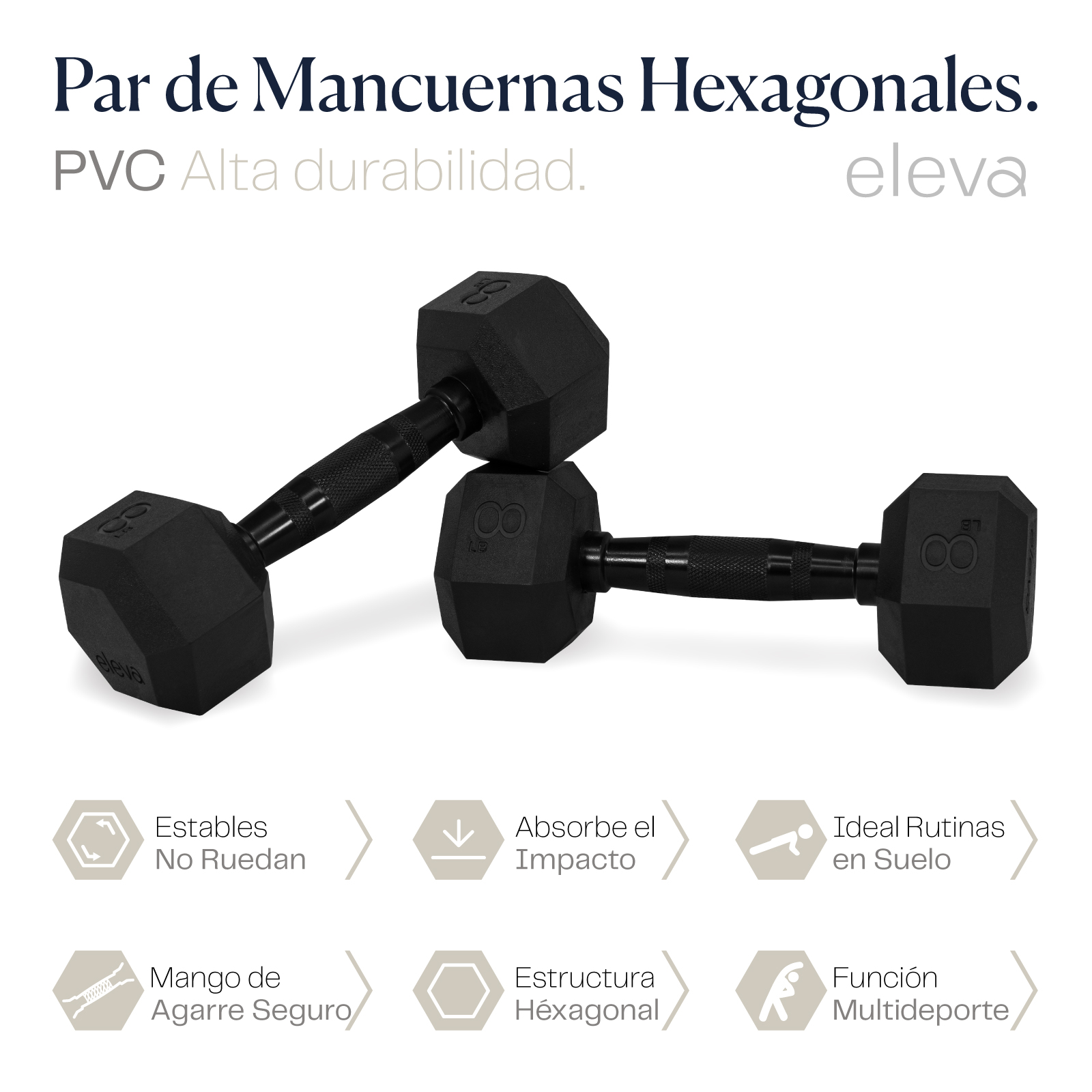 Set 2pzs 8lbs ELEVA - Mancuernas Hexagonales de PVC Premium