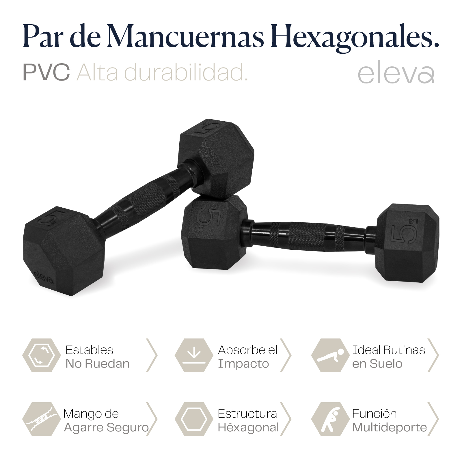 Set 2pzs 5lbs ELEVA - Mancuernas Hexagonales de PVC Premium