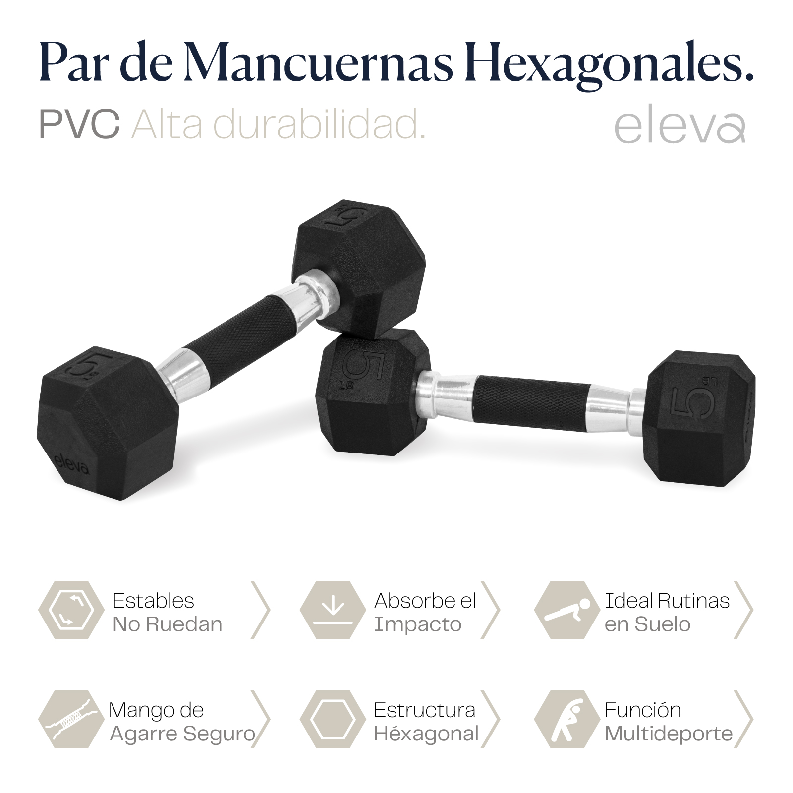 Set 2pzs 35lbs ELEVA - Mancuernas Hexagonales de PVC Premium