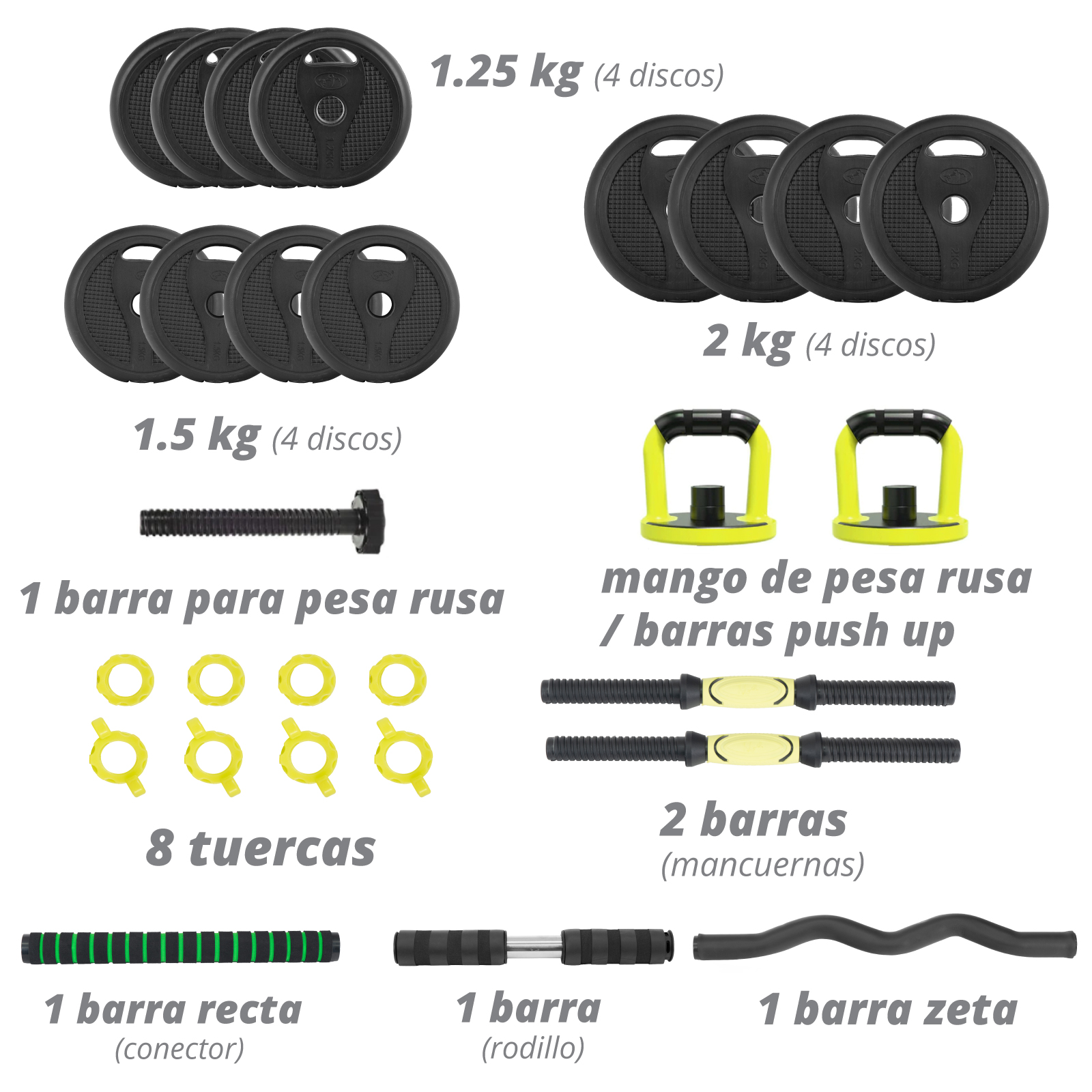 Kit De Pesas Mancuernas 60 Libras Barra Recta y 8 Discos de Acero