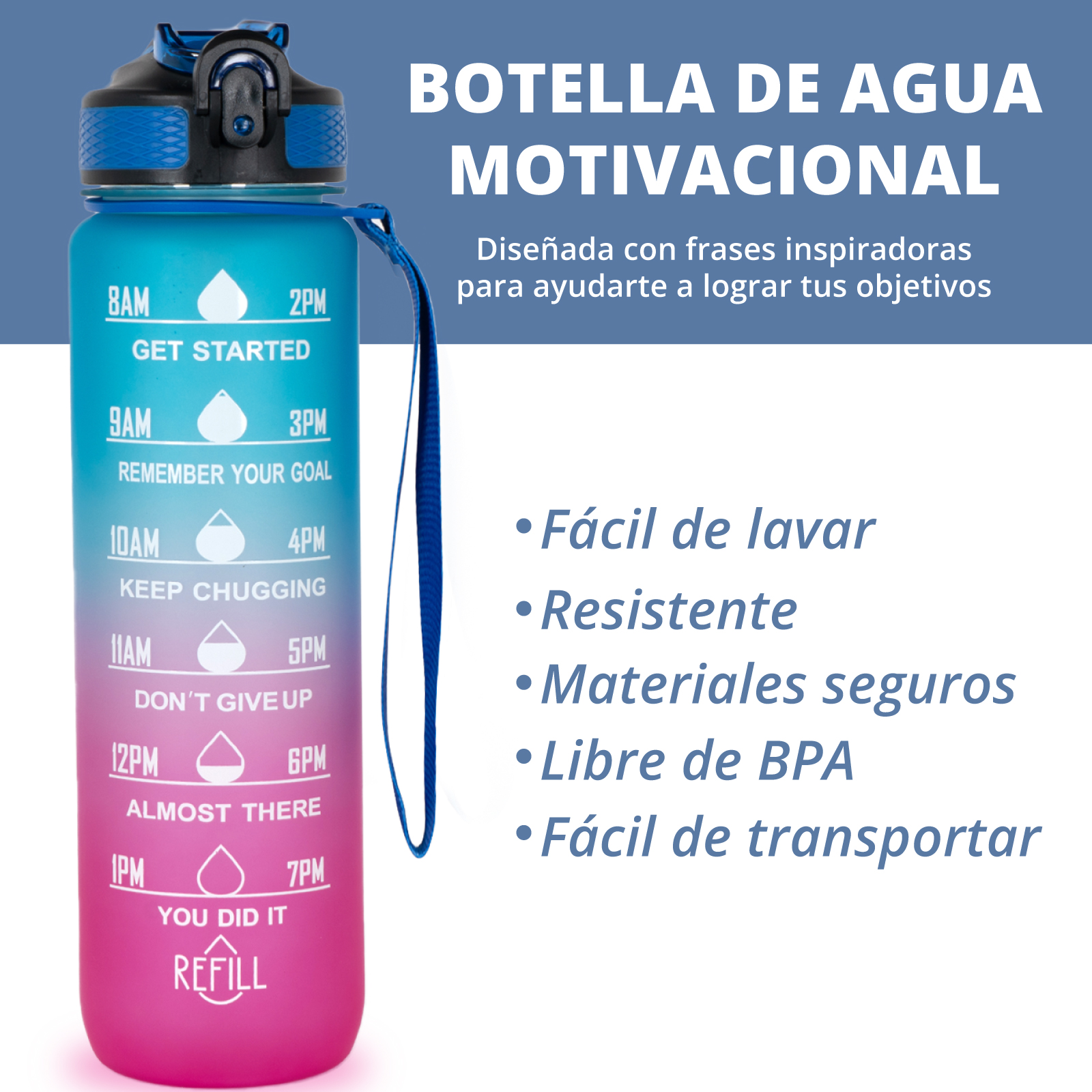 Botella Agua Motivacional en Español, bpa Free, Sin BPA, 1 Litro, a Prueba  de Fugas, con Marcador de Tiempo y Pajita, Muy Resistente, Botella Gimnasio  Motivadora : : Deportes y aire libre
